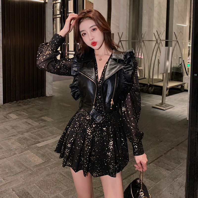 Korean Style Women's Black Two-Piece Short Dress Set Spring Autumn