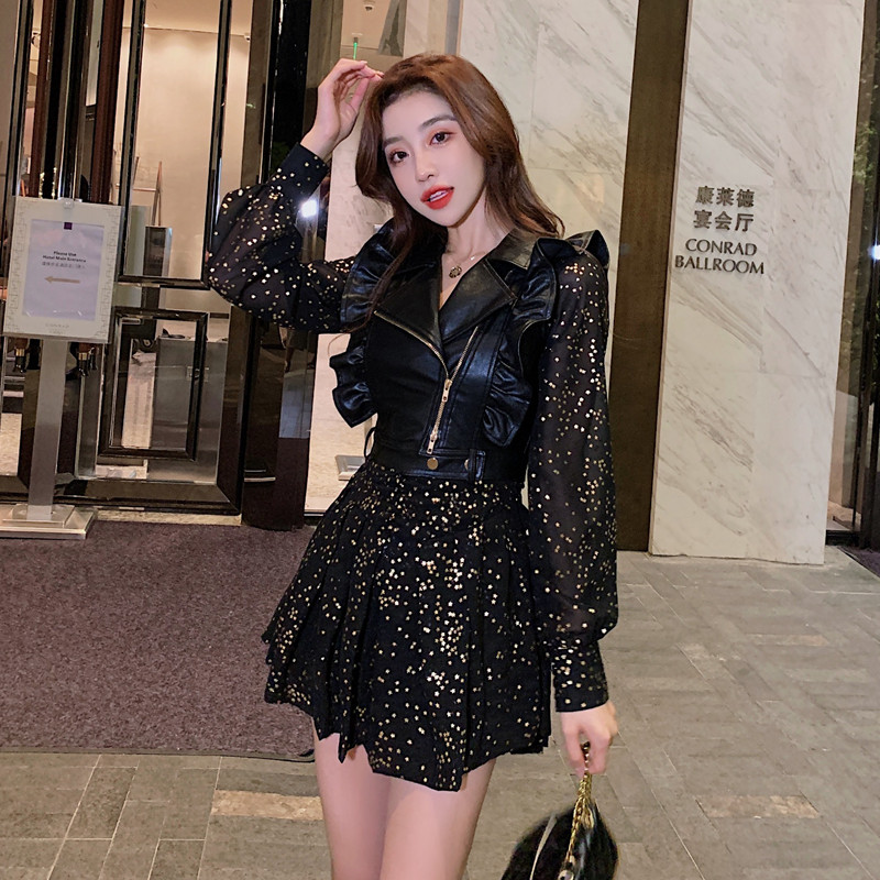 Korean Style Women's Black Two-Piece Short Dress Set Spring Autumn - Image 3