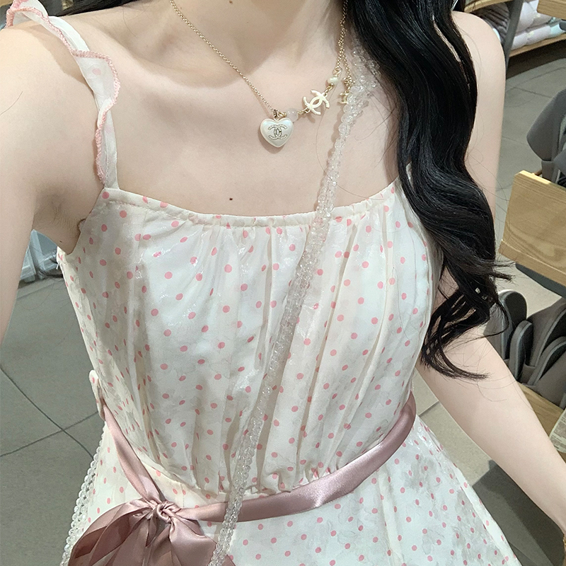 Sweetheart Cami Dress Polka Dot Long Waist-Fitted French Style 2025 New