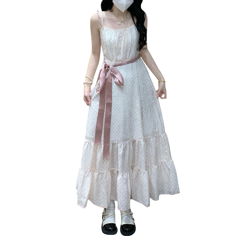 Sweetheart Cami Dress Polka Dot Long Waist-Fitted French Style 2025 New - Image 5