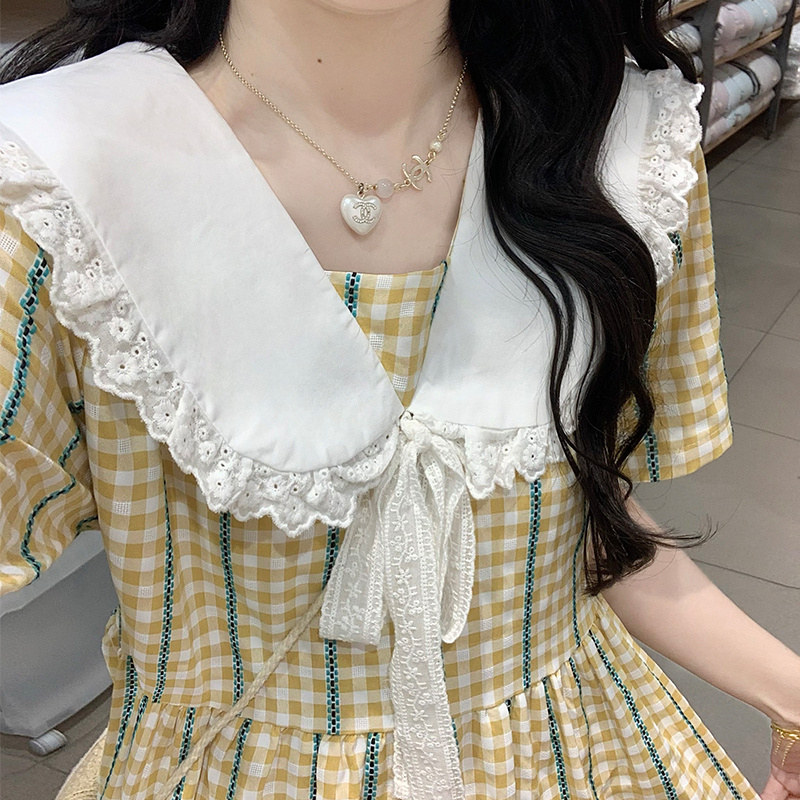 Sweet French Plaid Doll Collar Short Sleeve Long Dress