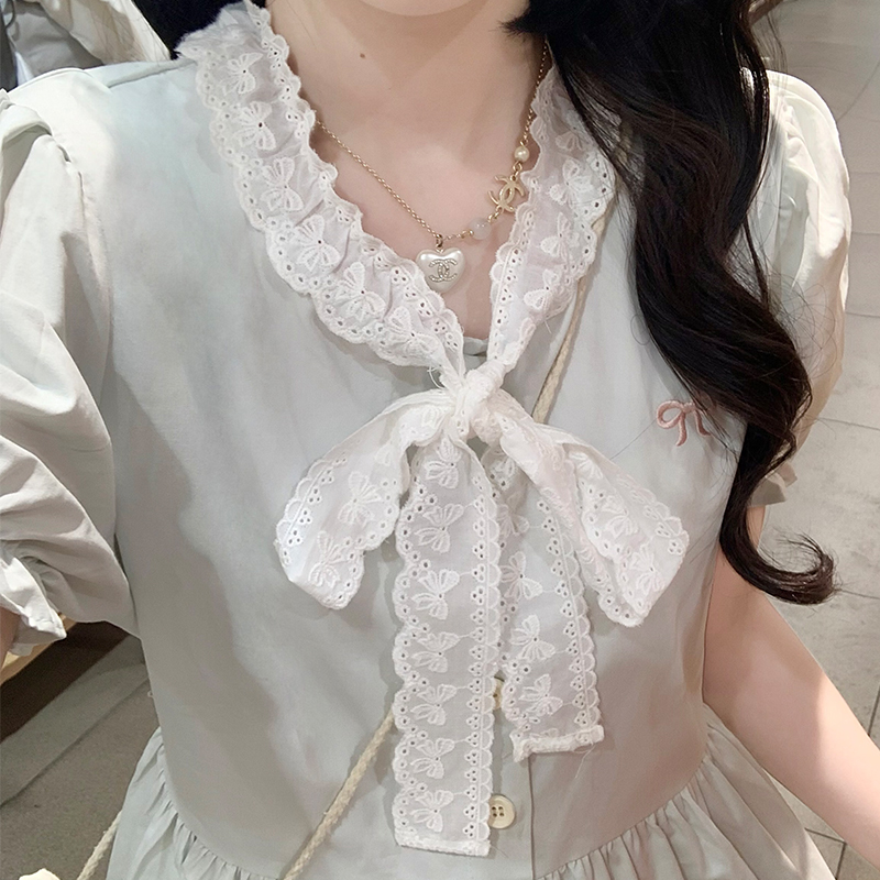 Sweet Ruffle Lace Bow Tie Neck Short Sleeve High Waist Long Dress