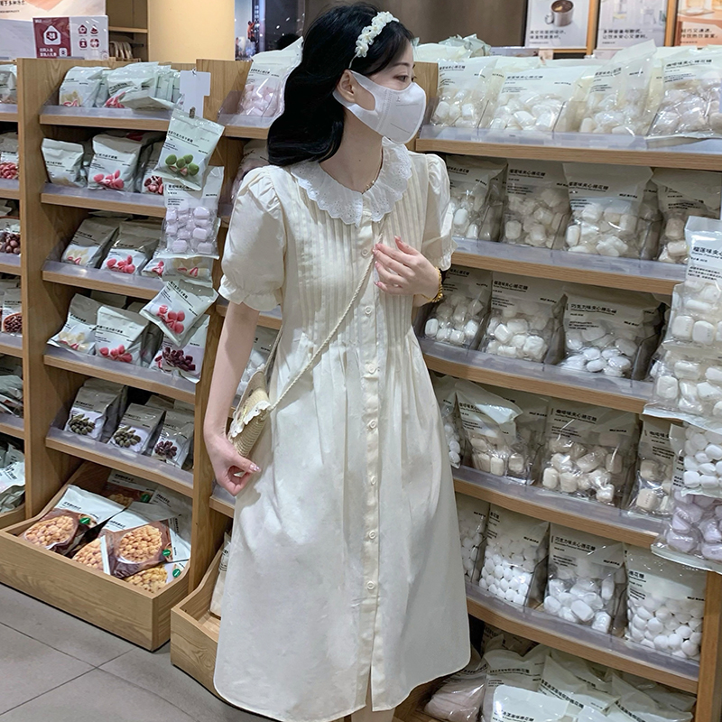 Sweet Lace Trim Puff Sleeve A-Line Long Dress - Style b00032 - Image 2