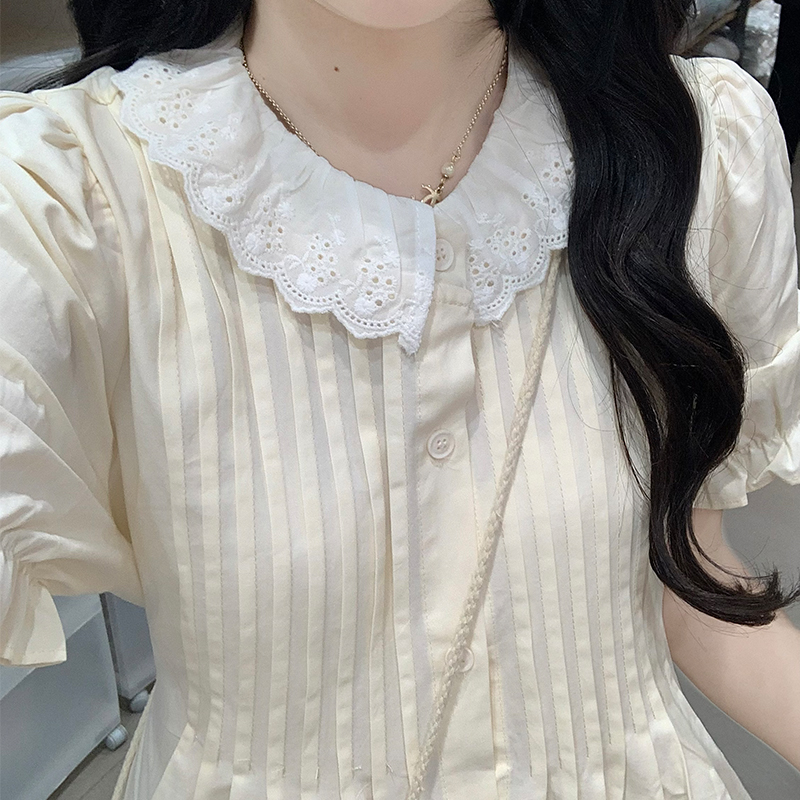 Sweet Lace Trim Puff Sleeve A-Line Long Dress - Style b00032