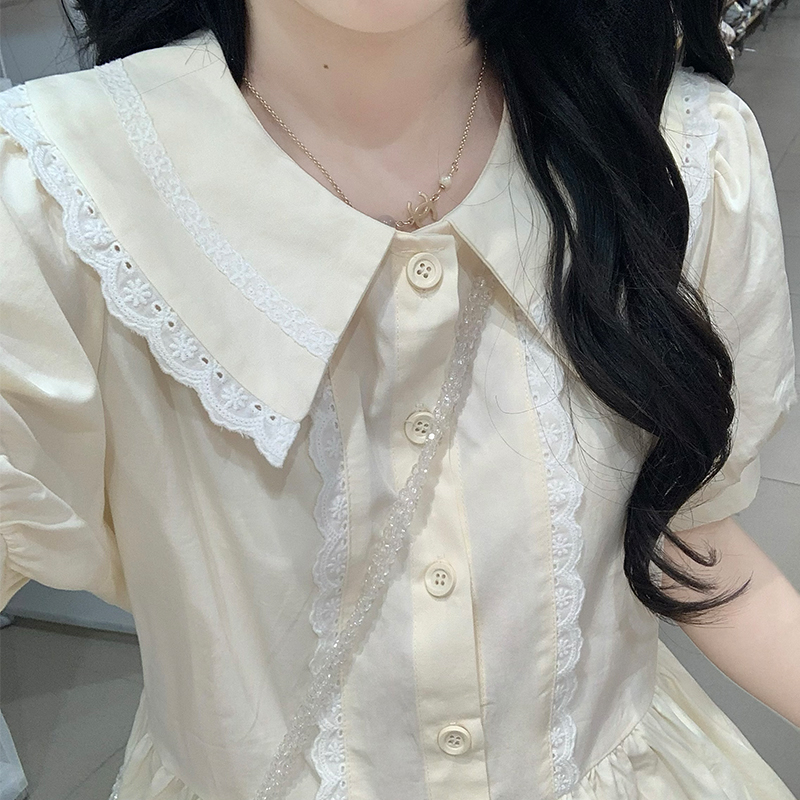 Sweet Preppy Lace Doll Collar Loose Waist Tie Dress