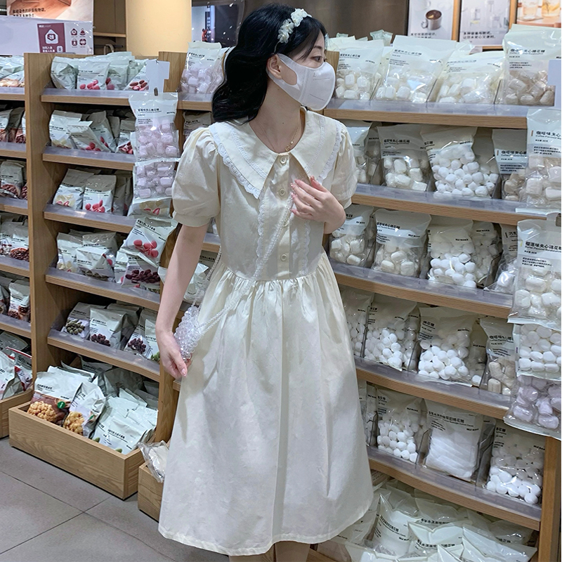 Sweet Preppy Lace Doll Collar Loose Waist Tie Dress - Image 2