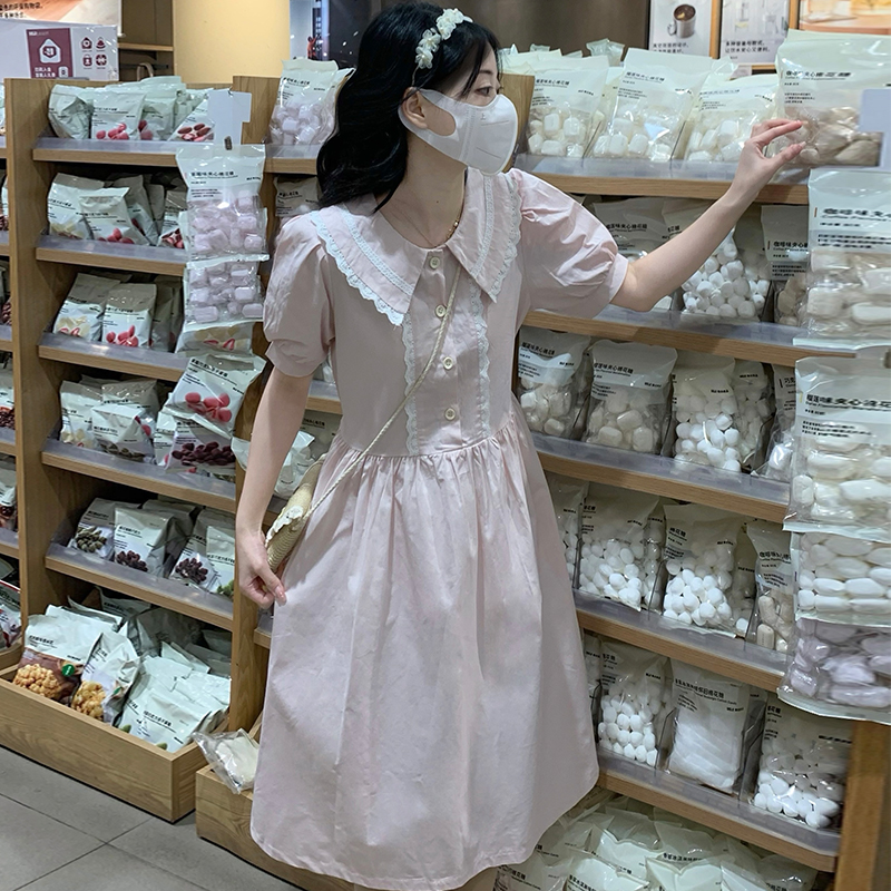 Sweet Preppy Lace Doll Collar Loose Waist Tie Dress - Image 4