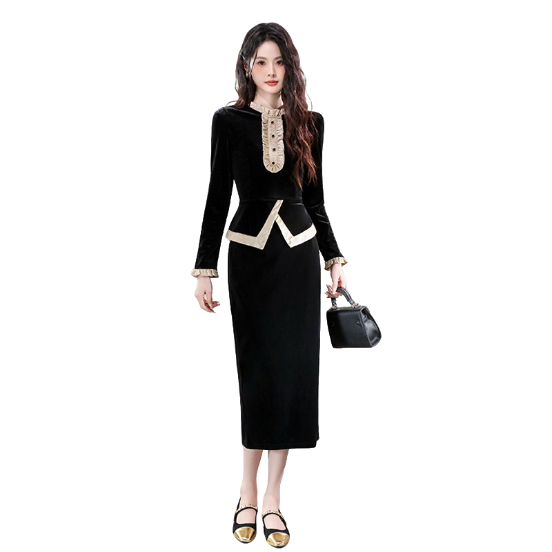 Elegant Velvet Two-Piece Skirt Set with Stand Collar and Half-Zip Shirt - Image 5