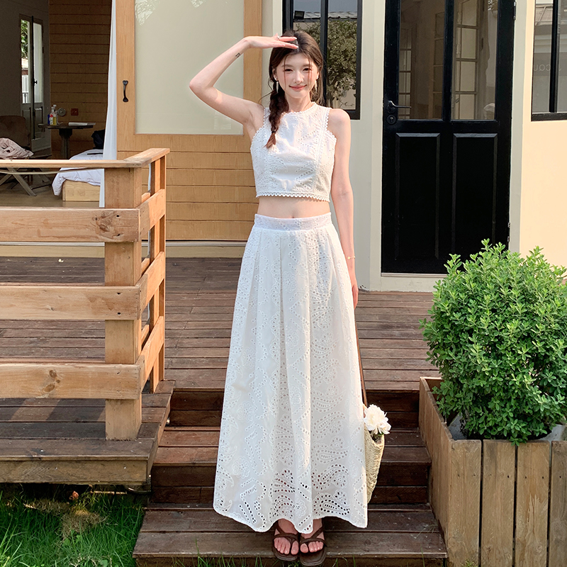 Chic Two-Piece Set: Sleeveless Round Neck Crop Top and High Waist A-Line Skirt