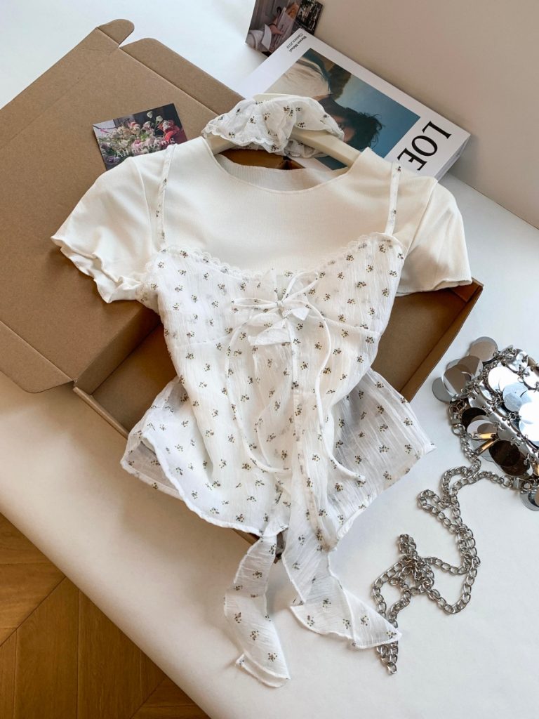 Crew Neck Rolled Short Sleeve T-Shirt and Lace Spliced Tie Floral Ribbon Sleeveless Cami Two-Piece Set