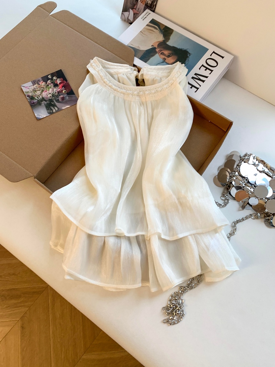 French Halter Beaded Sleeveless Chiffon Top for Women Summer Back Bow Slimming Blouse - Image 4
