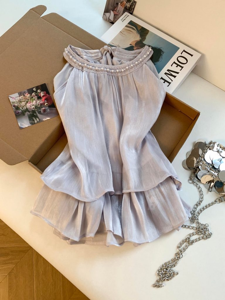 French Halter Beaded Sleeveless Chiffon Top for Women Summer Back Bow Slimming Blouse