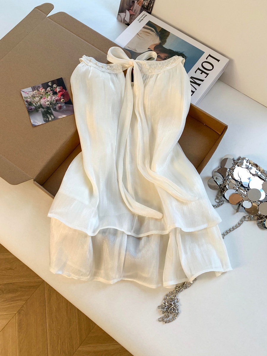 French Halter Beaded Sleeveless Chiffon Top for Women Summer Back Bow Slimming Blouse - Image 3