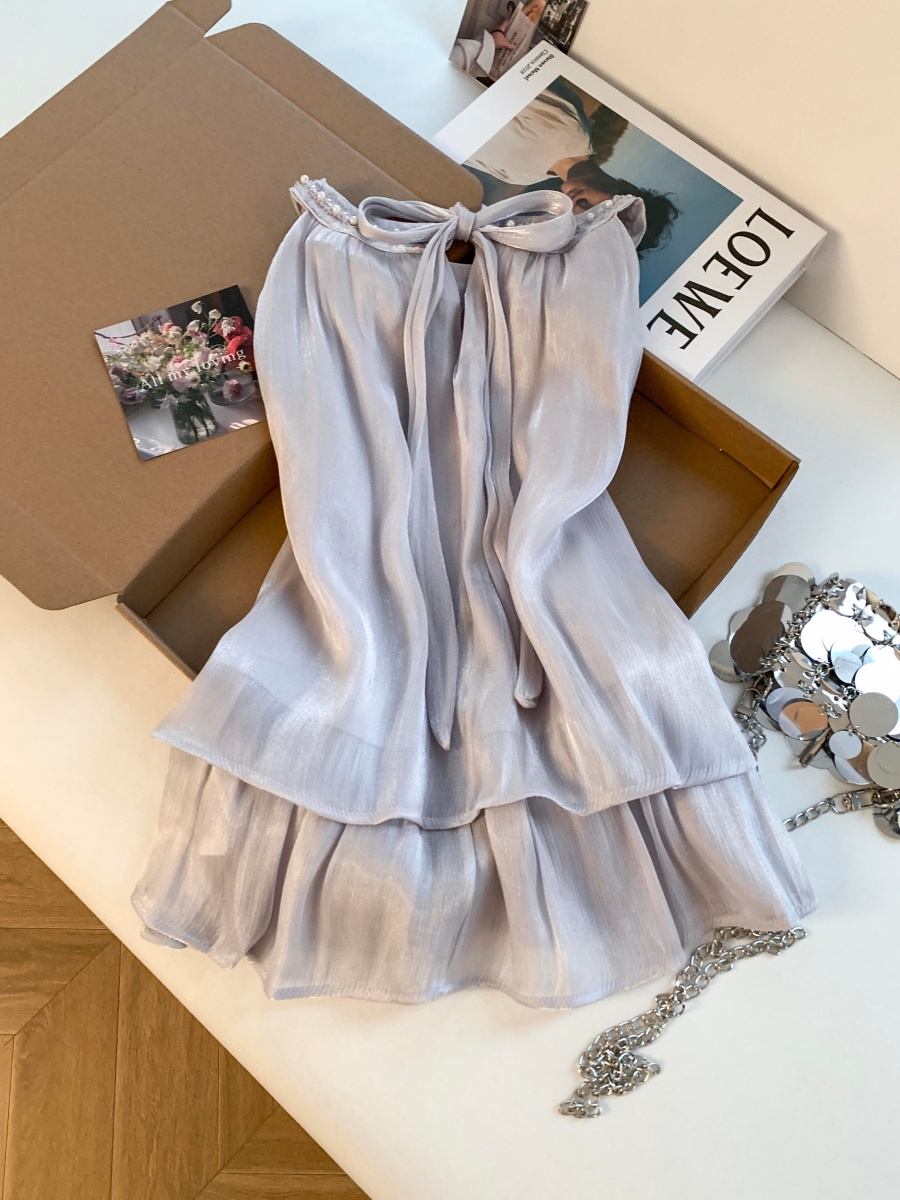 French Halter Beaded Sleeveless Chiffon Top for Women Summer Back Bow Slimming Blouse - Image 2