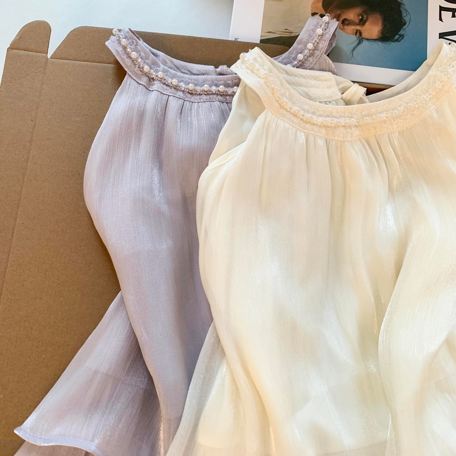 French Halter Beaded Sleeveless Chiffon Top for Women Summer Back Bow Slimming Blouse - Image 5