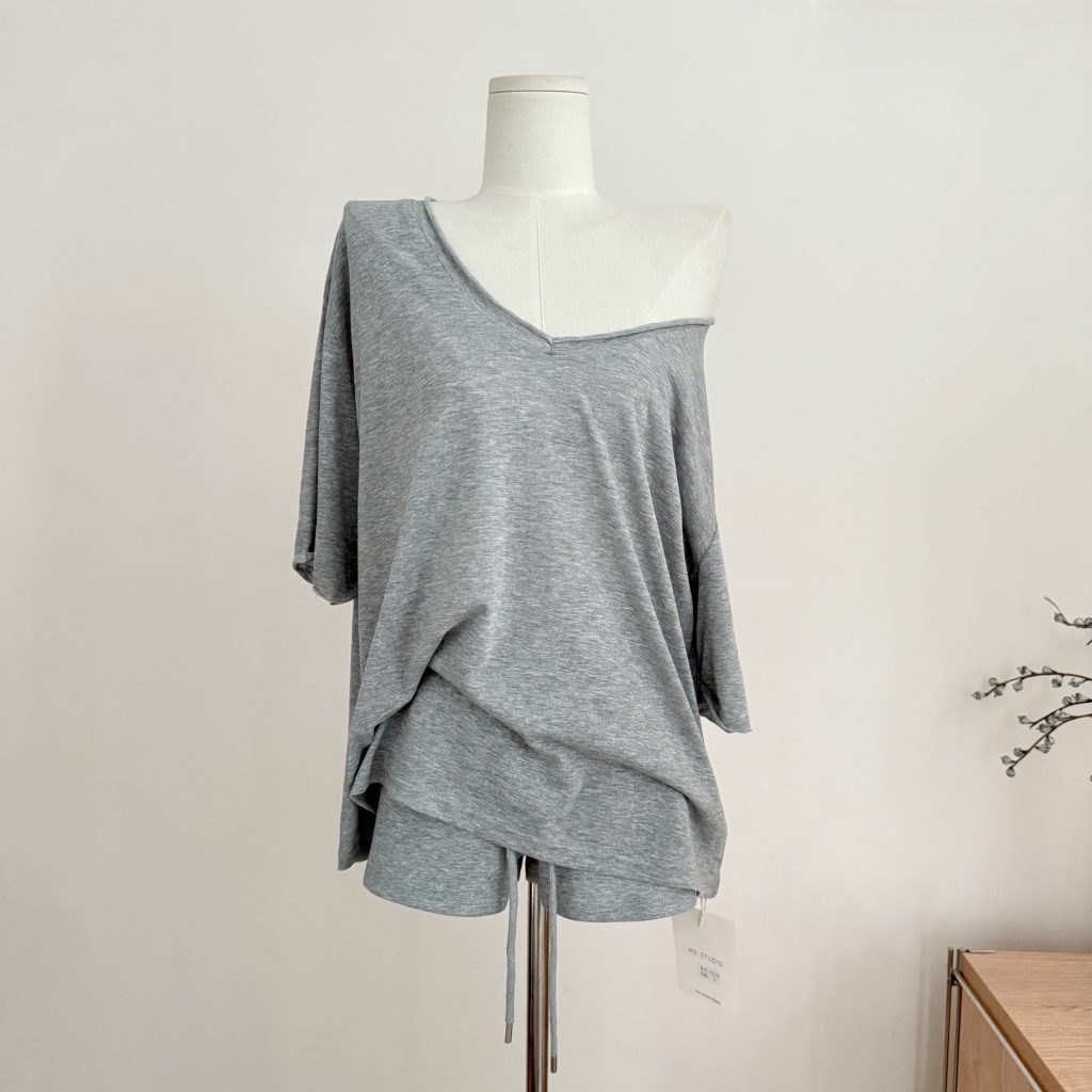 Light Heather Grey Two-Way Off-Shoulder Short Sleeve T-Shirt