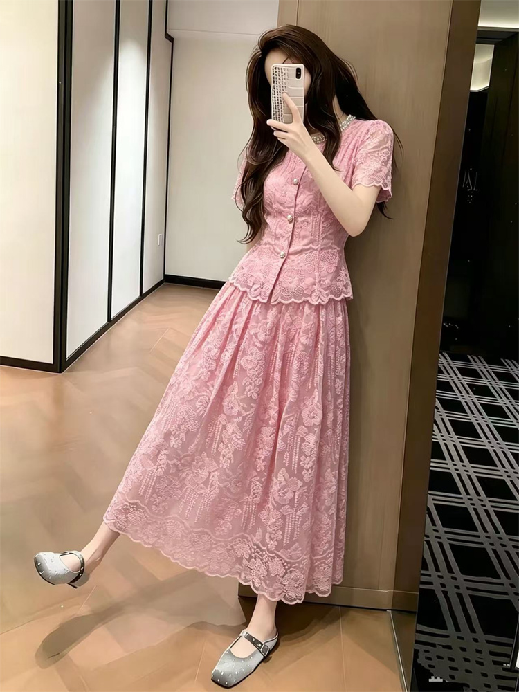 2026 Summer Sweet Pink Lace Embroidered High Waist Short Sleeve Long Skirt Two Piece Dress Set 28957