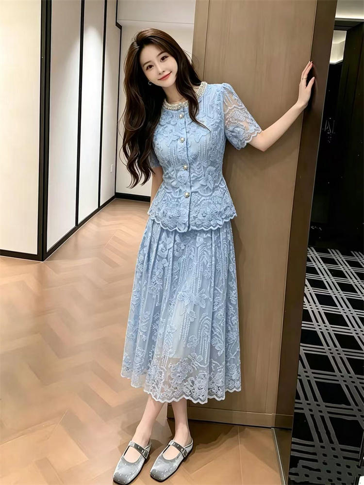 2026 Summer Sweet Pink Lace Embroidered High Waist Short Sleeve Long Skirt Two Piece Dress Set 28957 - Image 2