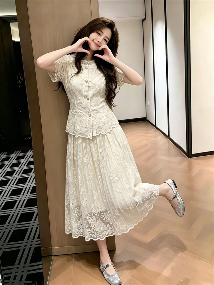 2026 Summer Sweet Pink Lace Embroidered High Waist Short Sleeve Long Skirt Two Piece Dress Set 28957 - Image 3