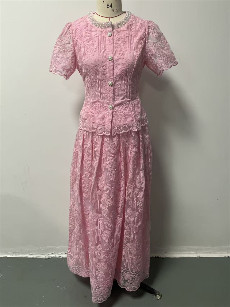 2026 Summer Sweet Pink Lace Embroidered High Waist Short Sleeve Long Skirt Two Piece Dress Set 28957 - Image 4
