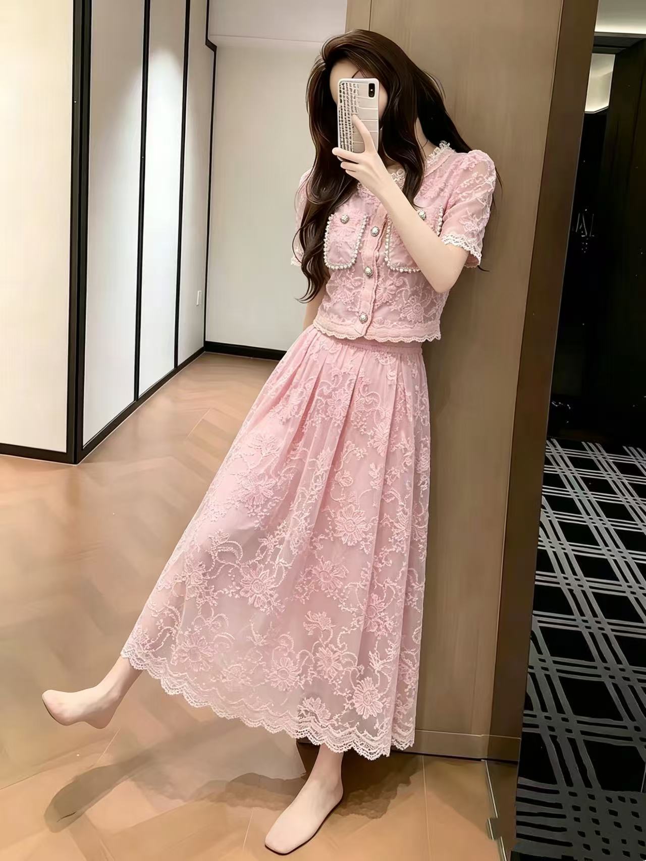 Sweet Beaded Lace Short Sleeve Two-Piece Midi Dress Set 7089 - Image 2