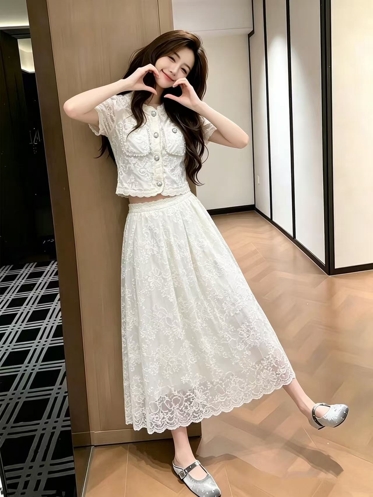 Sweet Beaded Lace Short Sleeve Two-Piece Midi Dress Set 7089 - Image 3