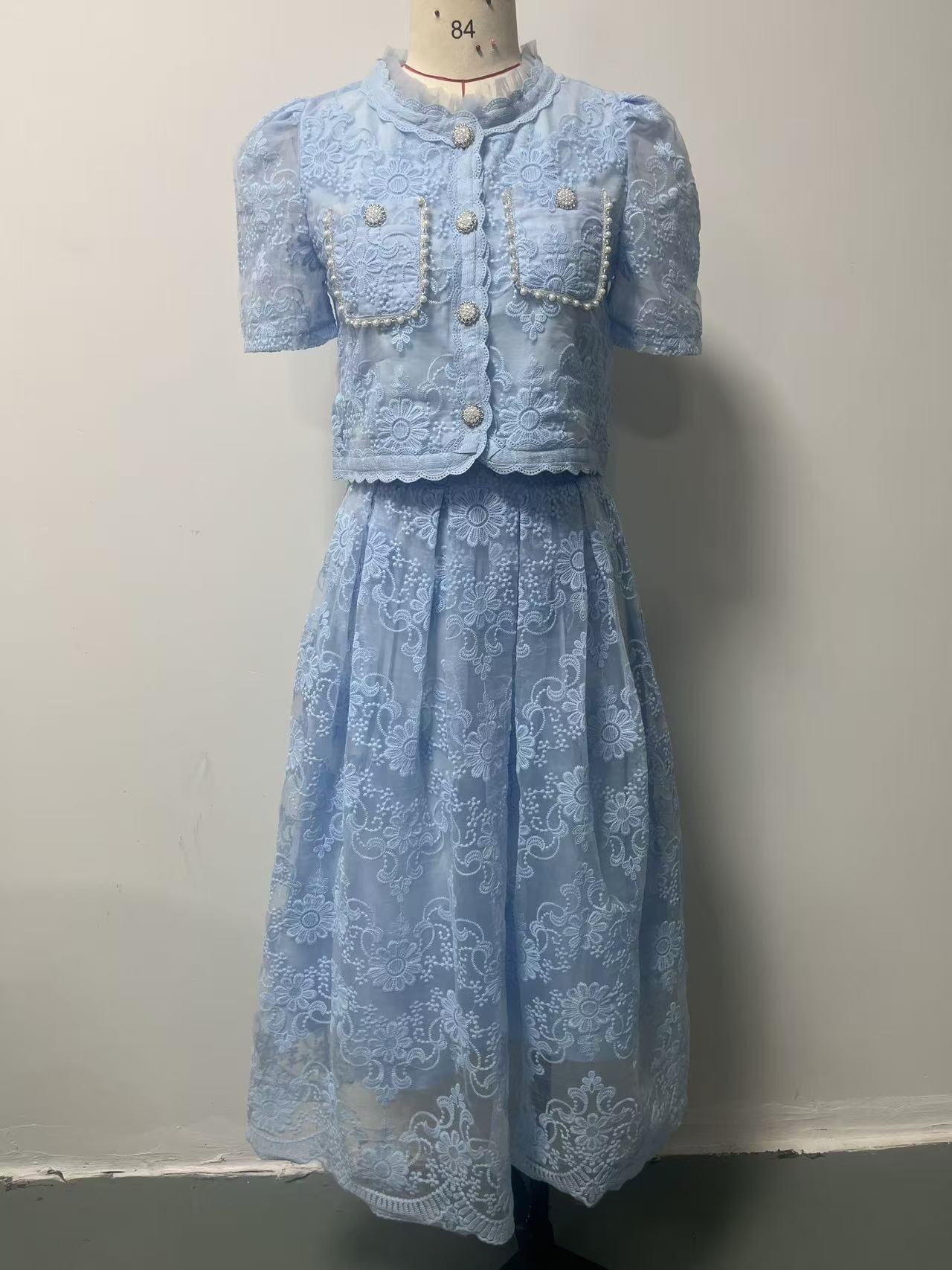 Sweet Beaded Lace Short Sleeve Two-Piece Midi Dress Set 7089 - Image 4