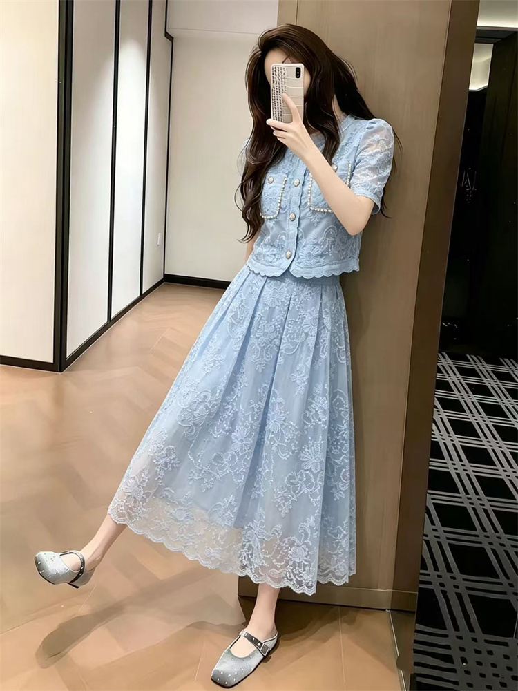 Sweet Beaded Lace Short Sleeve Two-Piece Midi Dress Set 7089