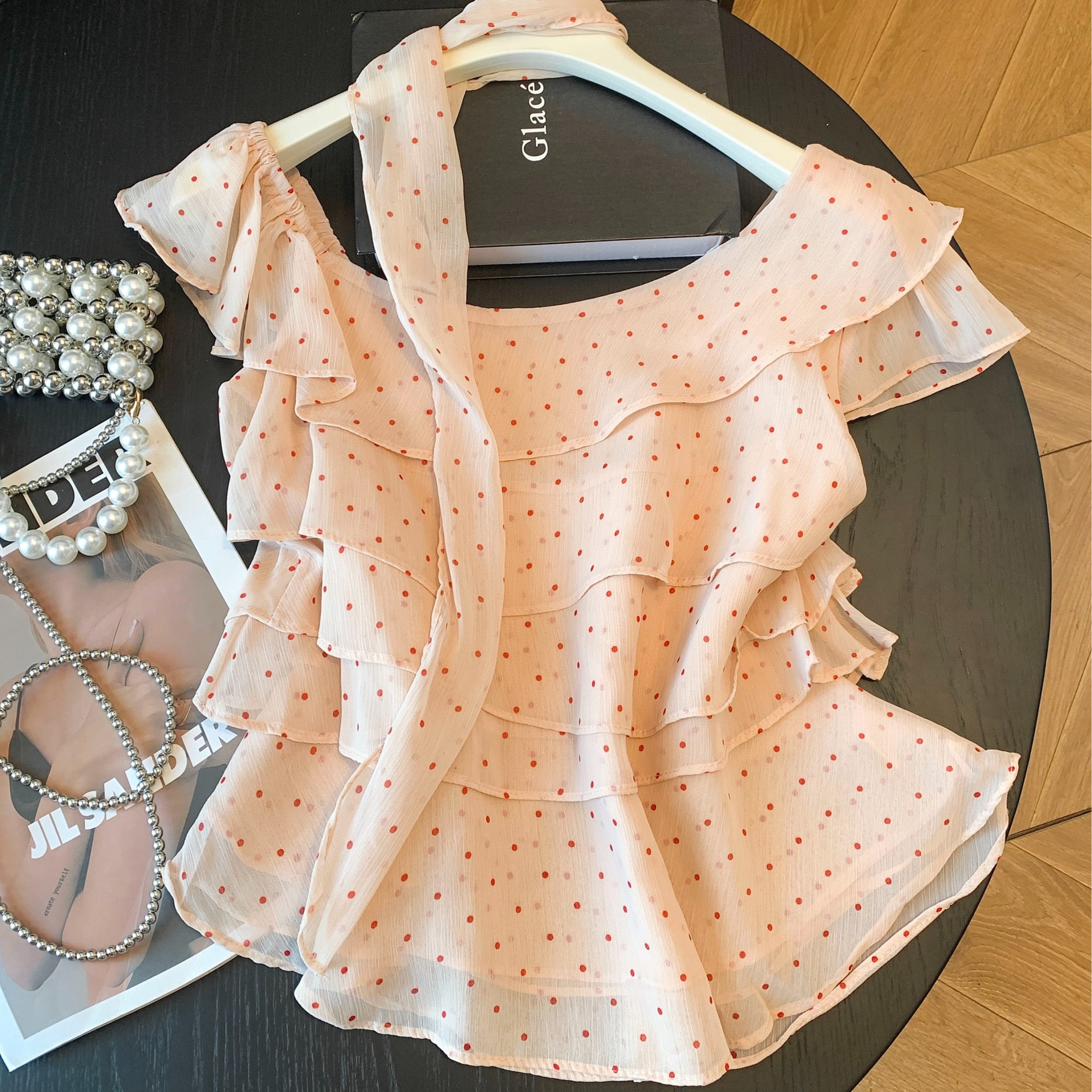Ruffled Polka Dot Fly Sleeve Blouse for Women - Image 5