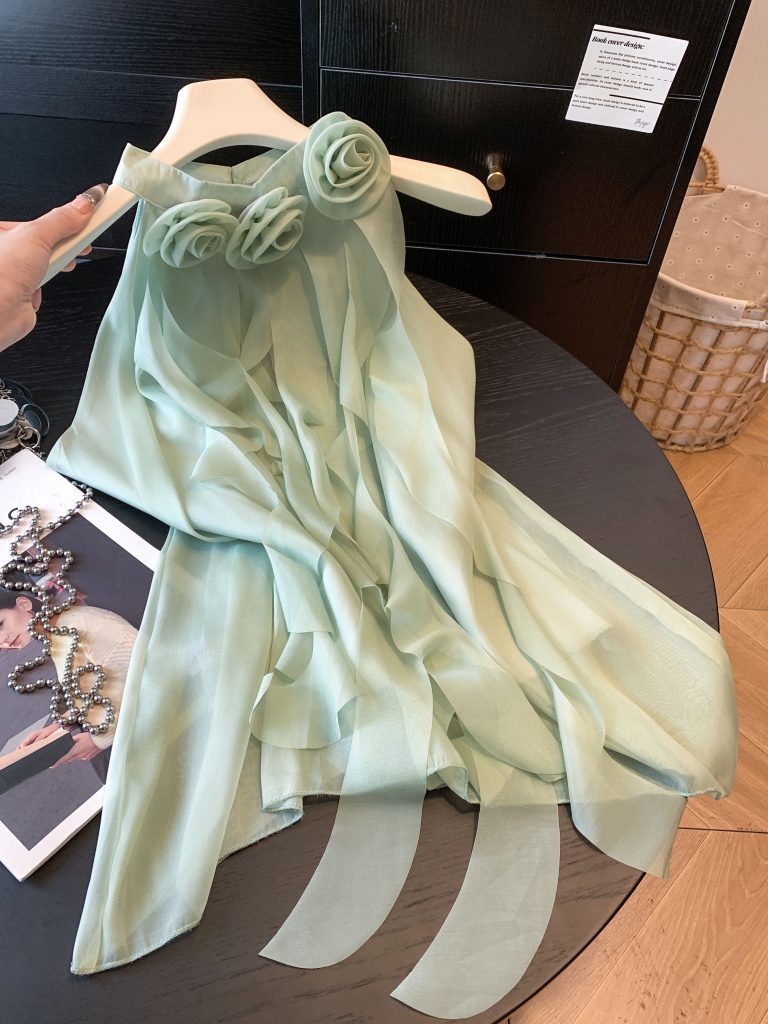 French Style Floral Ruffle Halter Chiffon Top Summer 3D Flower Sleeveless Blouse