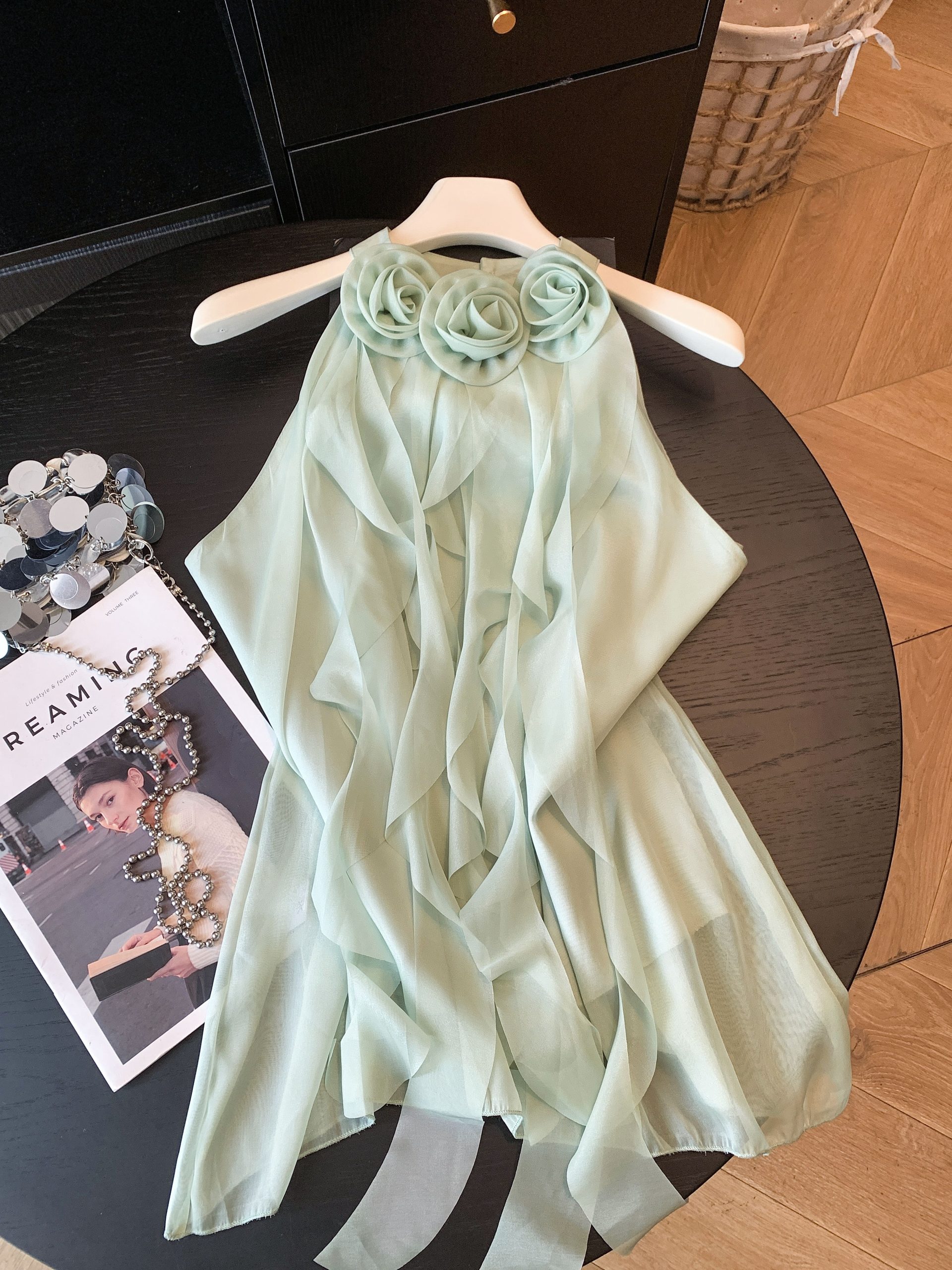 French Style Floral Ruffle Halter Chiffon Top Summer 3D Flower Sleeveless Blouse - Image 2