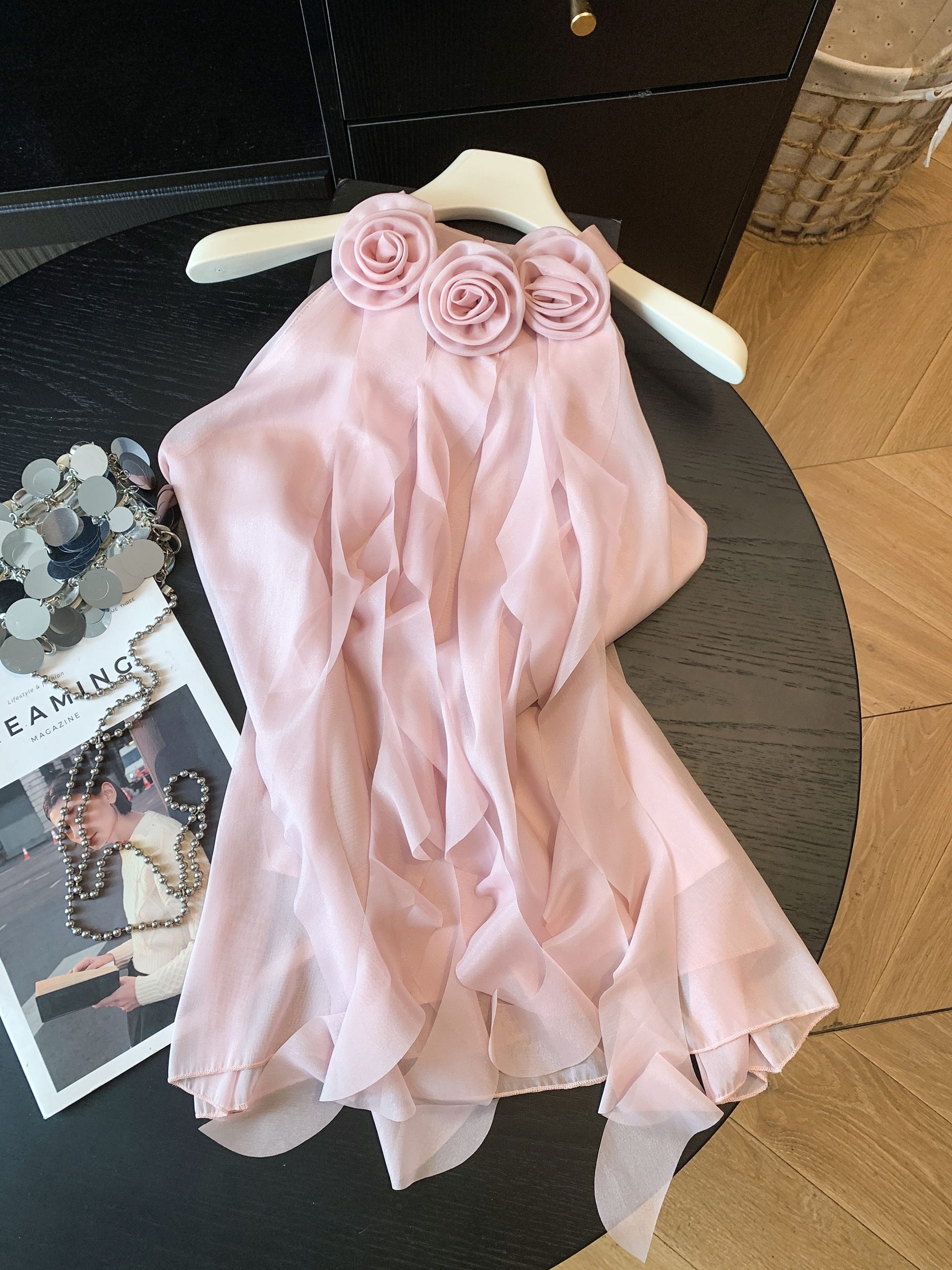 French Style Floral Ruffle Halter Chiffon Top Summer 3D Flower Sleeveless Blouse - Image 4
