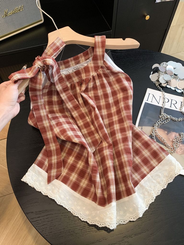Retro Lace Spliced Tie Halter Shirt Women Summer Plaid Sleeveless Top