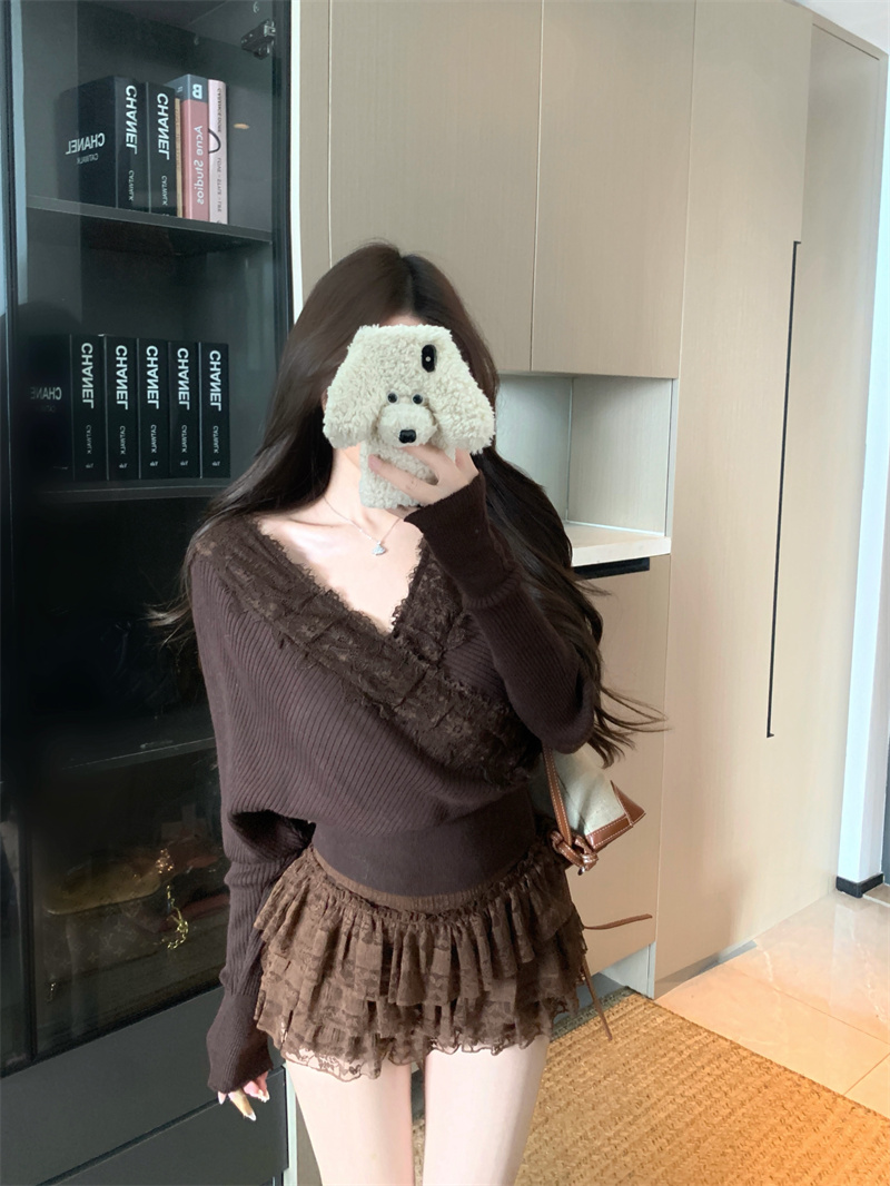 Women's Cross V-Neck Lace-Trim Batwing Sleeve Knit Sweater Early Autumn Relaxed Fit - Image 2
