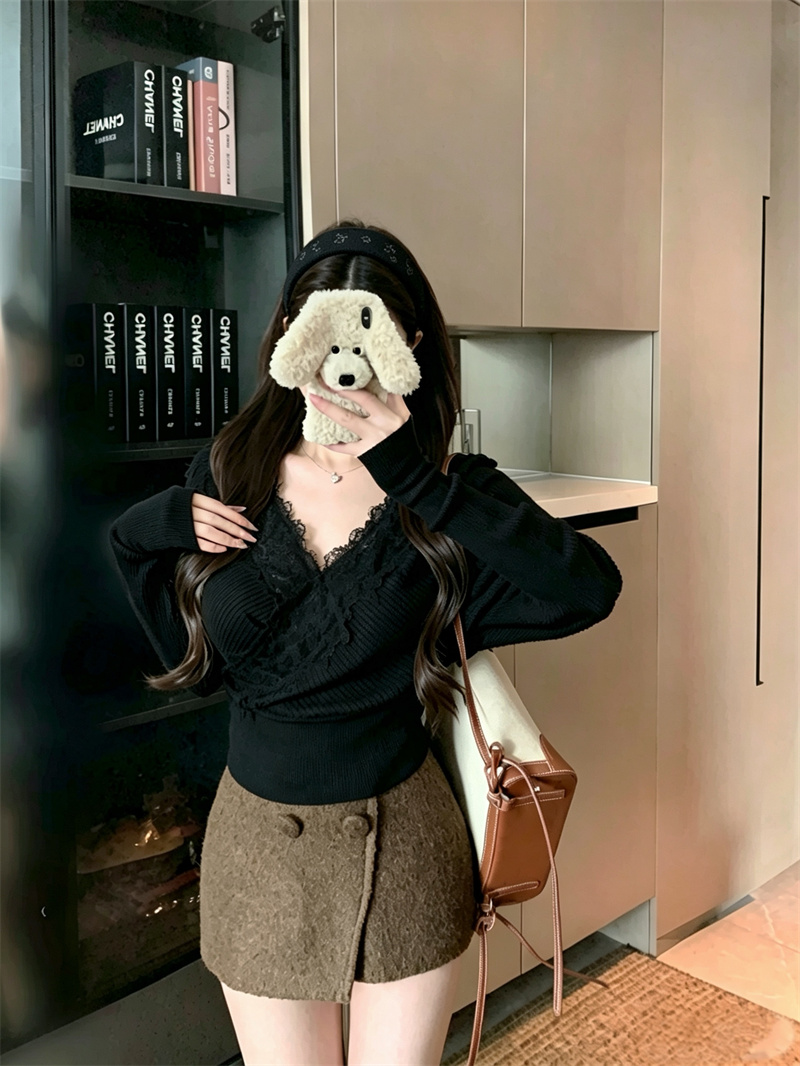 Women's Cross V-Neck Lace-Trim Batwing Sleeve Knit Sweater Early Autumn Relaxed Fit - Image 4