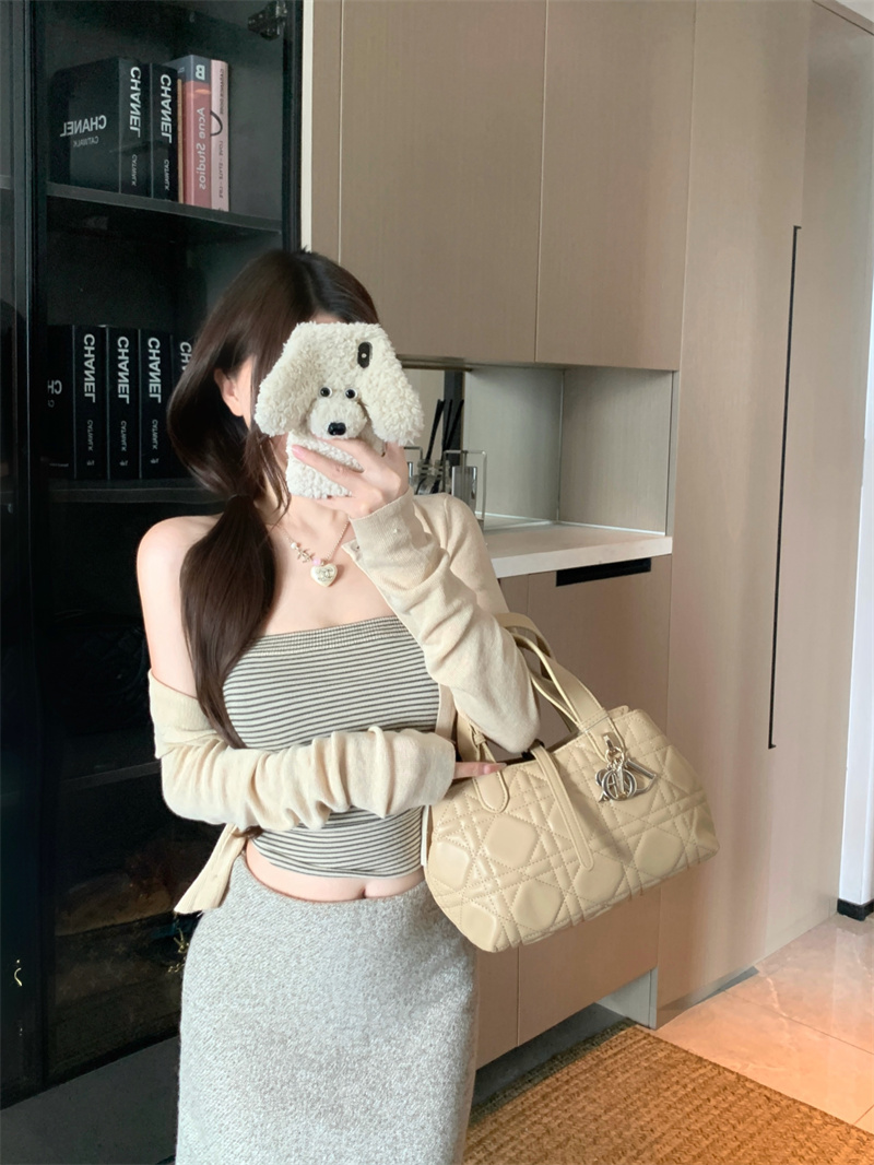 Women's Korean Style Short Sleeve Knit Cardigan and Contrast Striped Tube Top Two Piece Set - Image 2