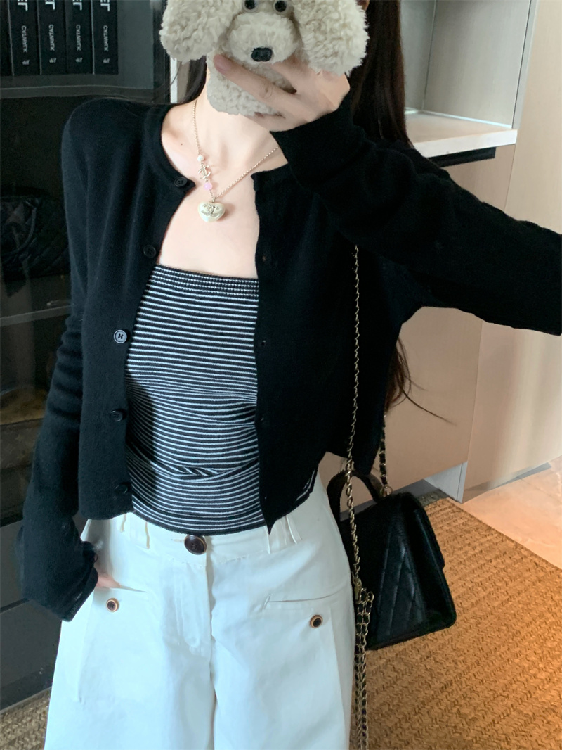 Women's Korean Style Short Sleeve Knit Cardigan and Contrast Striped Tube Top Two Piece Set - Image 3