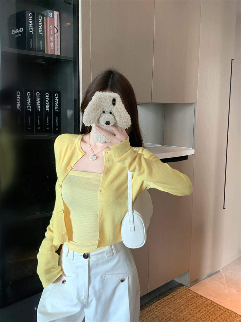 Women's Korean Style Short Sleeve Knit Cardigan and Contrast Striped Tube Top Two Piece Set - Image 4