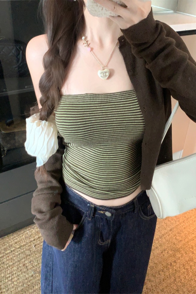 Women's Korean Style Short Sleeve Knit Cardigan and Contrast Striped Tube Top Two Piece Set - Image 5
