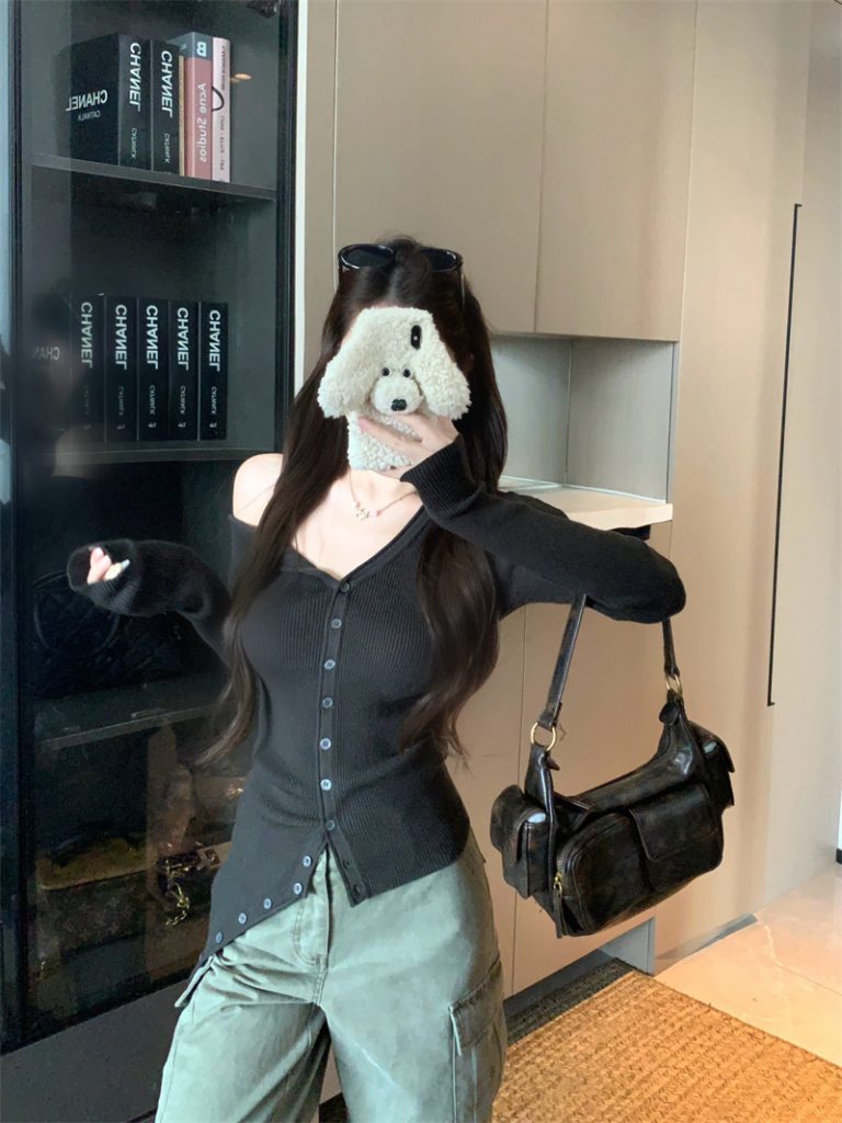 Asymmetric Shoulder Long Sleeve Knit Sweater for Women
